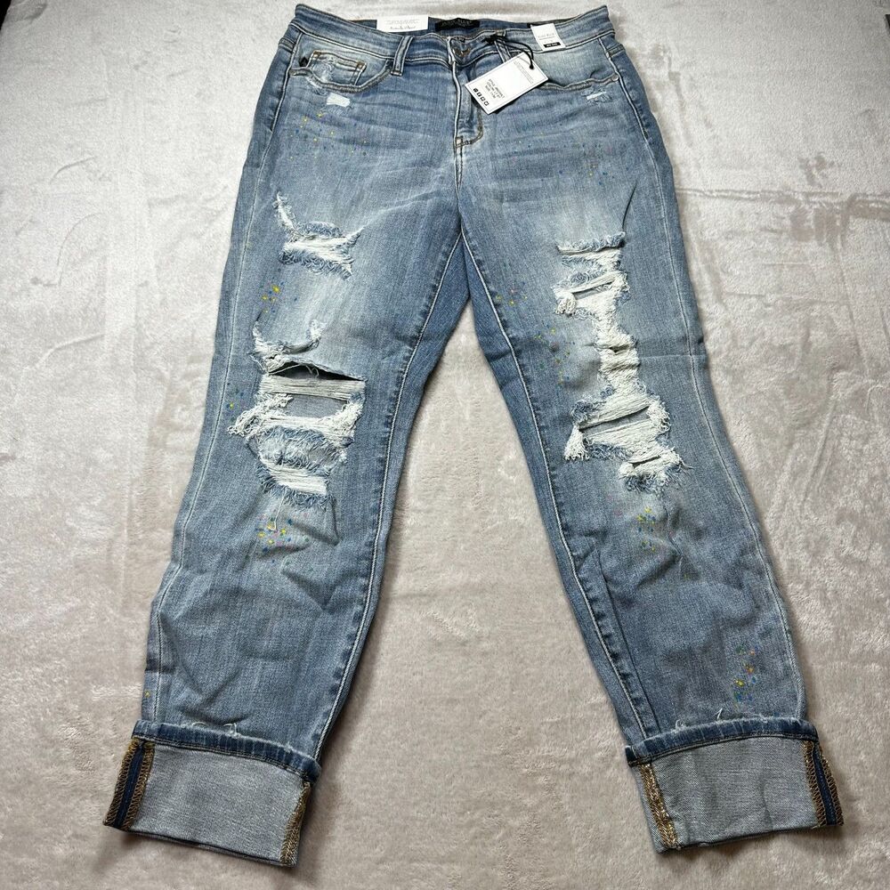 NWT Judy Blue Paint Splash Jeans Womens 11/30 Boyfriend Distressed JB82245LTST
